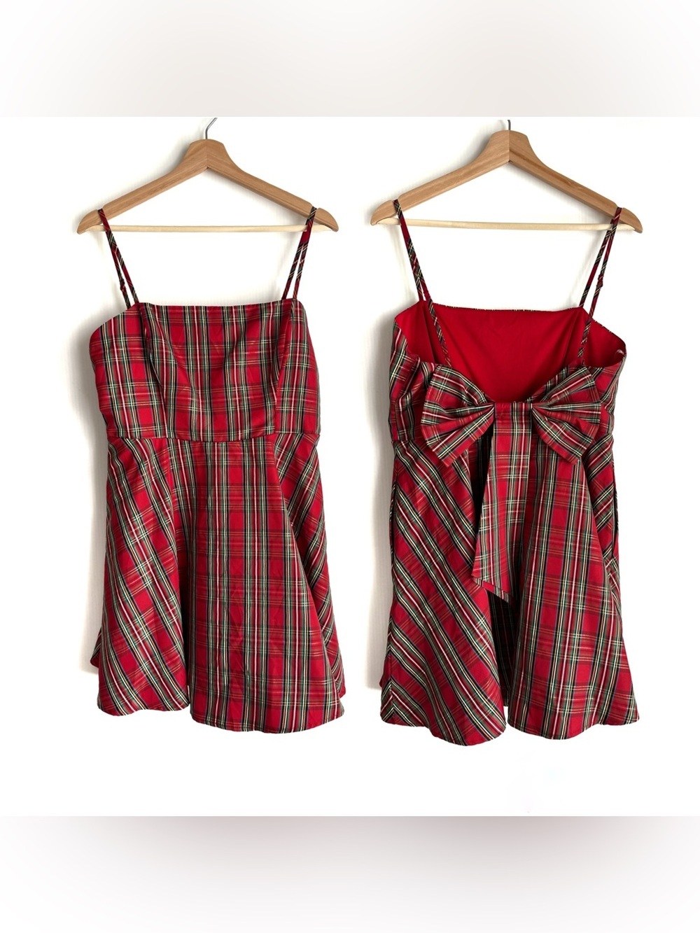 Altar'd State bow back plaid spaghetti strap mini Bright Red mini Dress